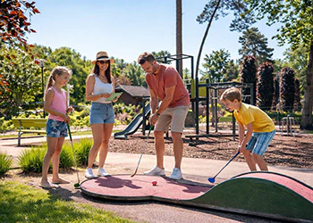 Familie speelt minigolf op een zonnige dag in de buitenlucht, met twee kinderen en ouders.
