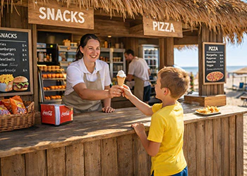 Vrouw geeft ijsje aan kind bij snackbar op het strand. "Snacks" en "Pizza" borden zichtbaar.