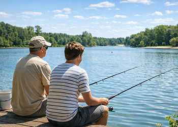 Vader en zoon vissen samen aan een meer, zittend op een steiger met hengels in het water.