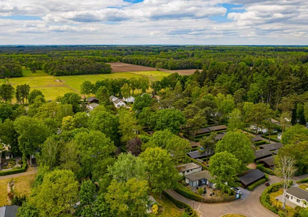 Luchtfoto van een vakantiepark in een bosrijke omgeving met huisjes en groene bomen onder een blauwe hemel.